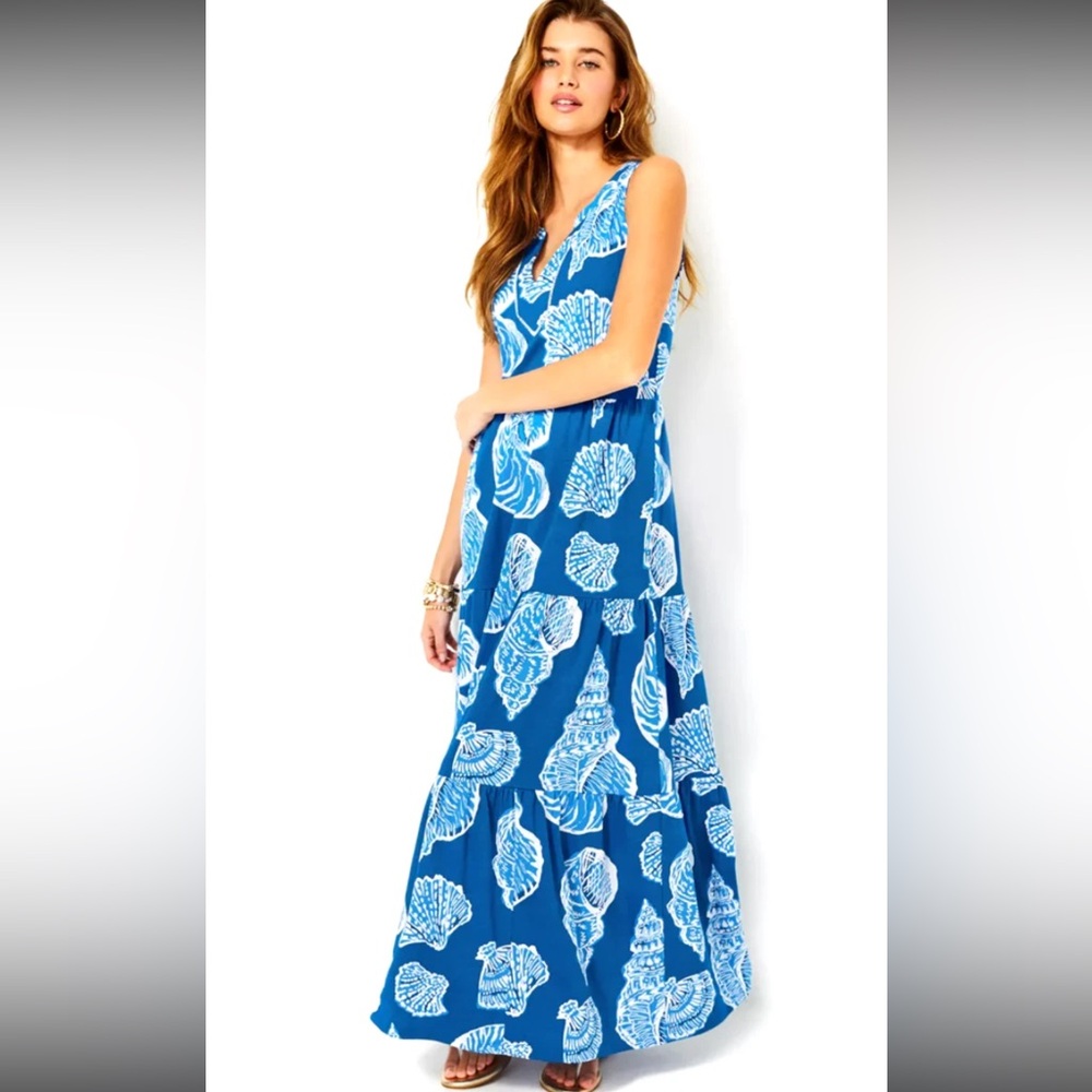 Lilly Pulitzer Syndee Maxi Dress in Barton Blue Shell of a Good Time Size L